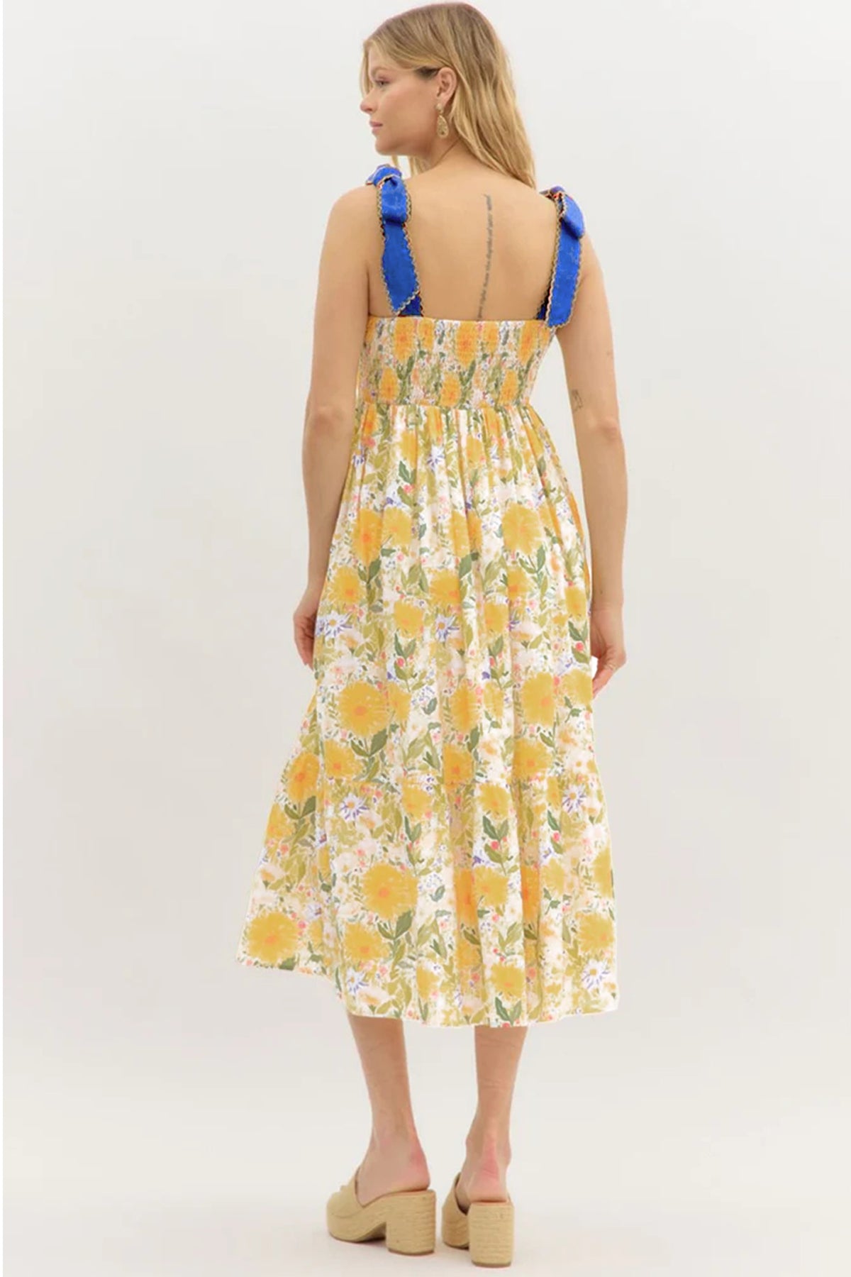 Red floral print high waist dress with contrast stitched knot denim straps, casual summer floral dress by Dear-Lover.