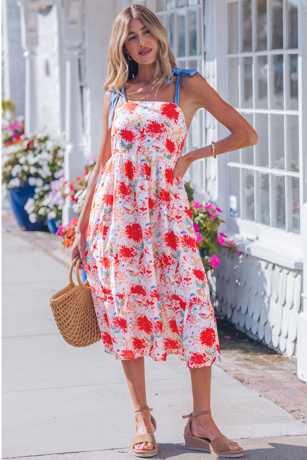 Red floral print high waist dress with contrast stitched knot denim straps, sleeveless floral dress by Dear-Lover.