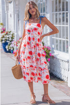 Red floral print high waist dress with contrast stitched knot denim straps, sleeveless floral dress by Dear-Lover.