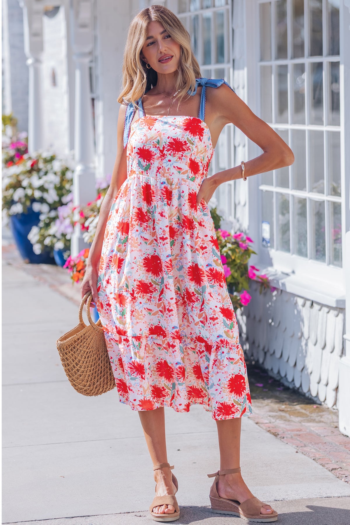 Red floral print high waist dress with contrast stitched knot denim straps, sleeveless floral dress by Dear-Lover.