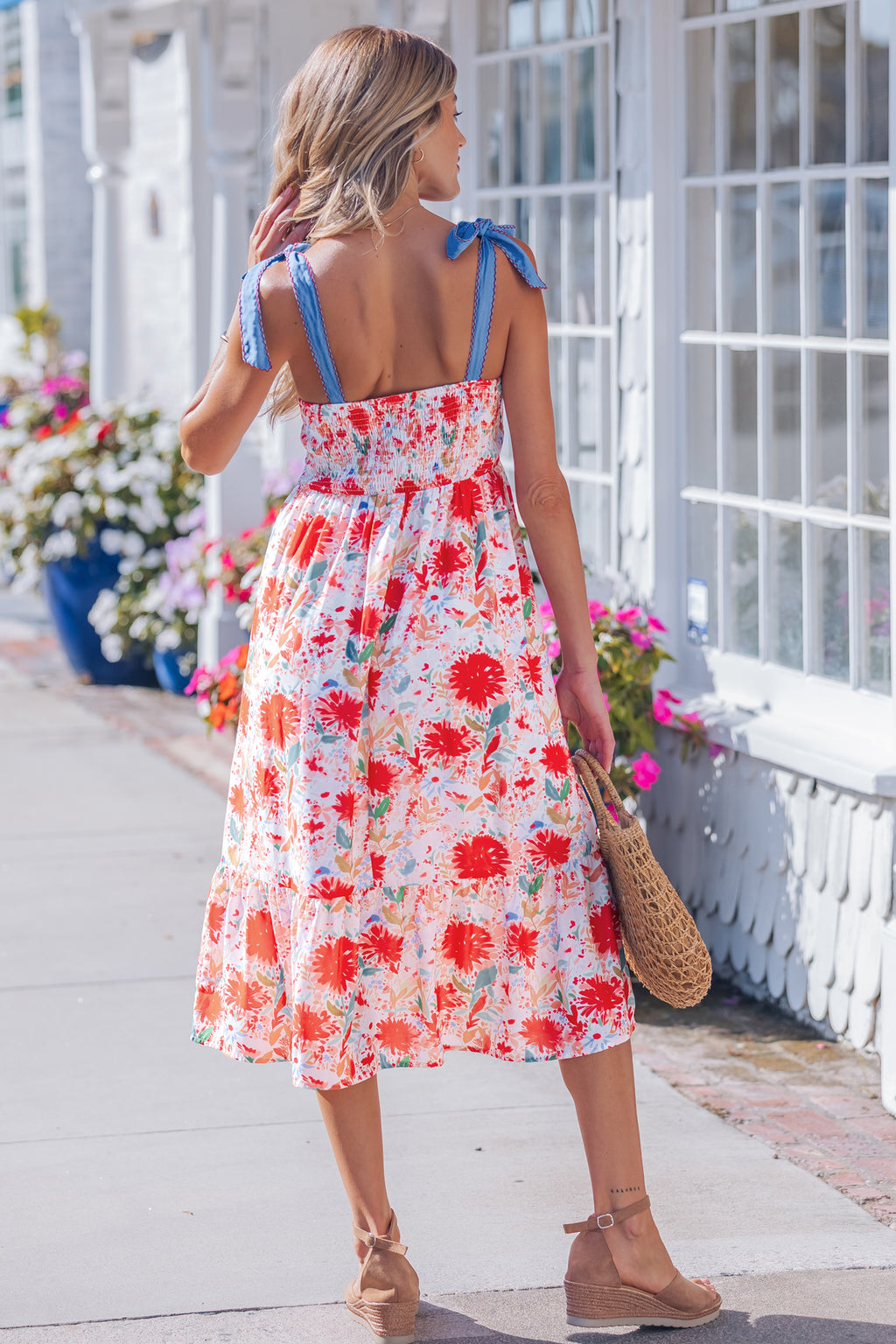 Red floral print high waist dress with contrast stitched knot denim straps, stylish floral dress by Dear-Lover Dropshipping.