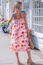 Red floral print high waist dress with contrast stitched knot denim straps, stylish floral dress by Dear-Lover Dropshipping.