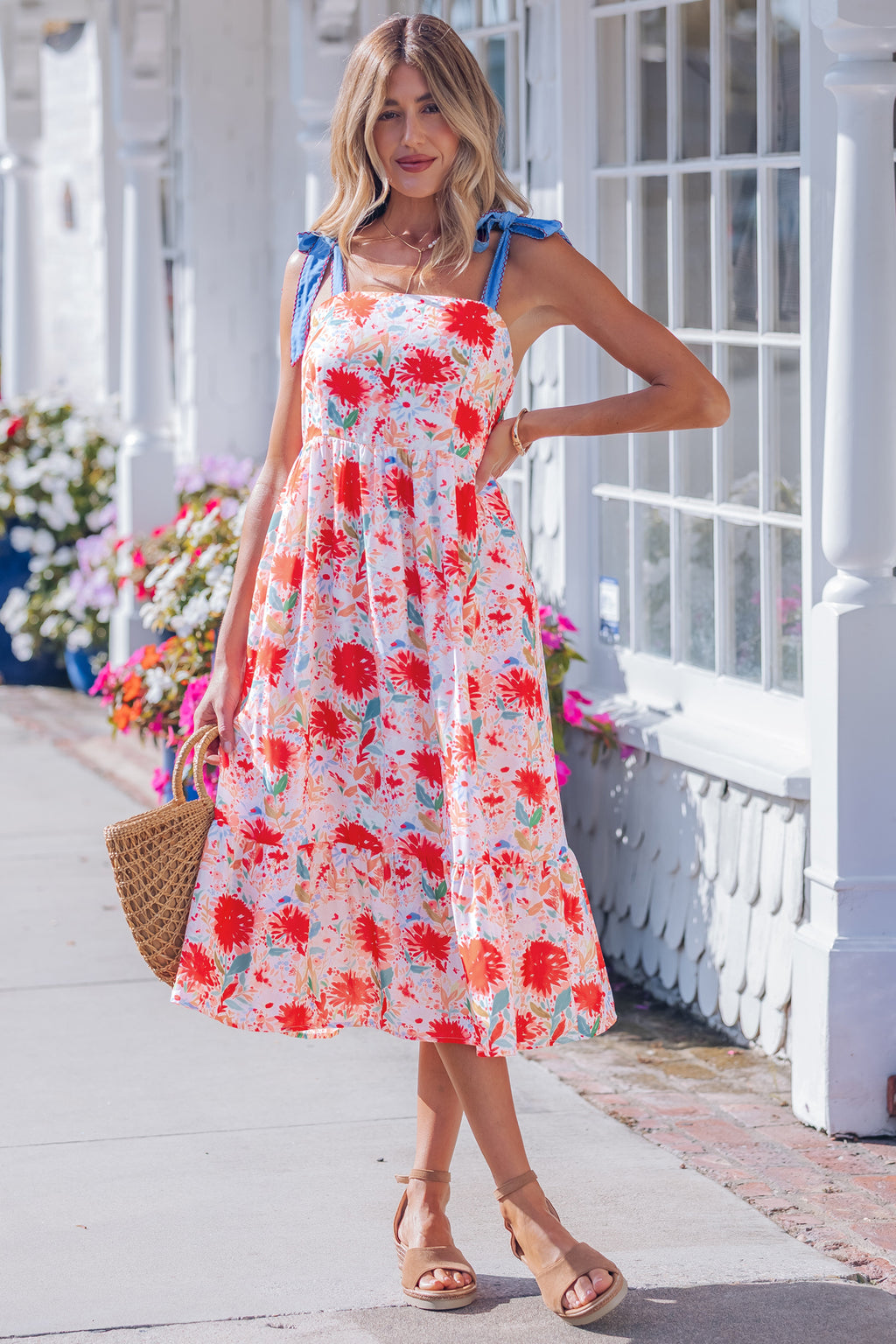 Red floral print high waist dress with contrast stitched knot denim straps, from Dear-Lover, perfect for casual or summer wear.