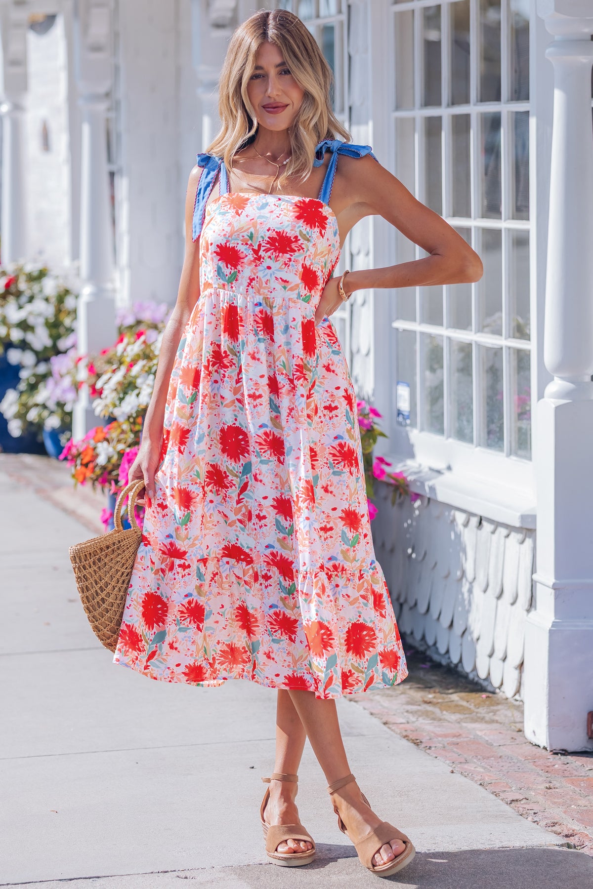 Red floral print high waist dress with contrast stitched knot denim straps, from Dear-Lover, perfect for casual or summer wear.