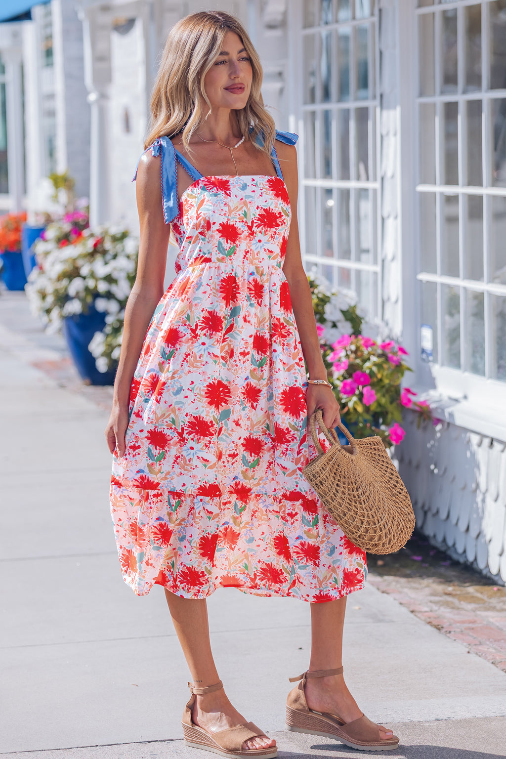 Red floral print high waist dress with contrast stitched knot denim straps, stylish floral dress by Dear-Lover Dropshipping.