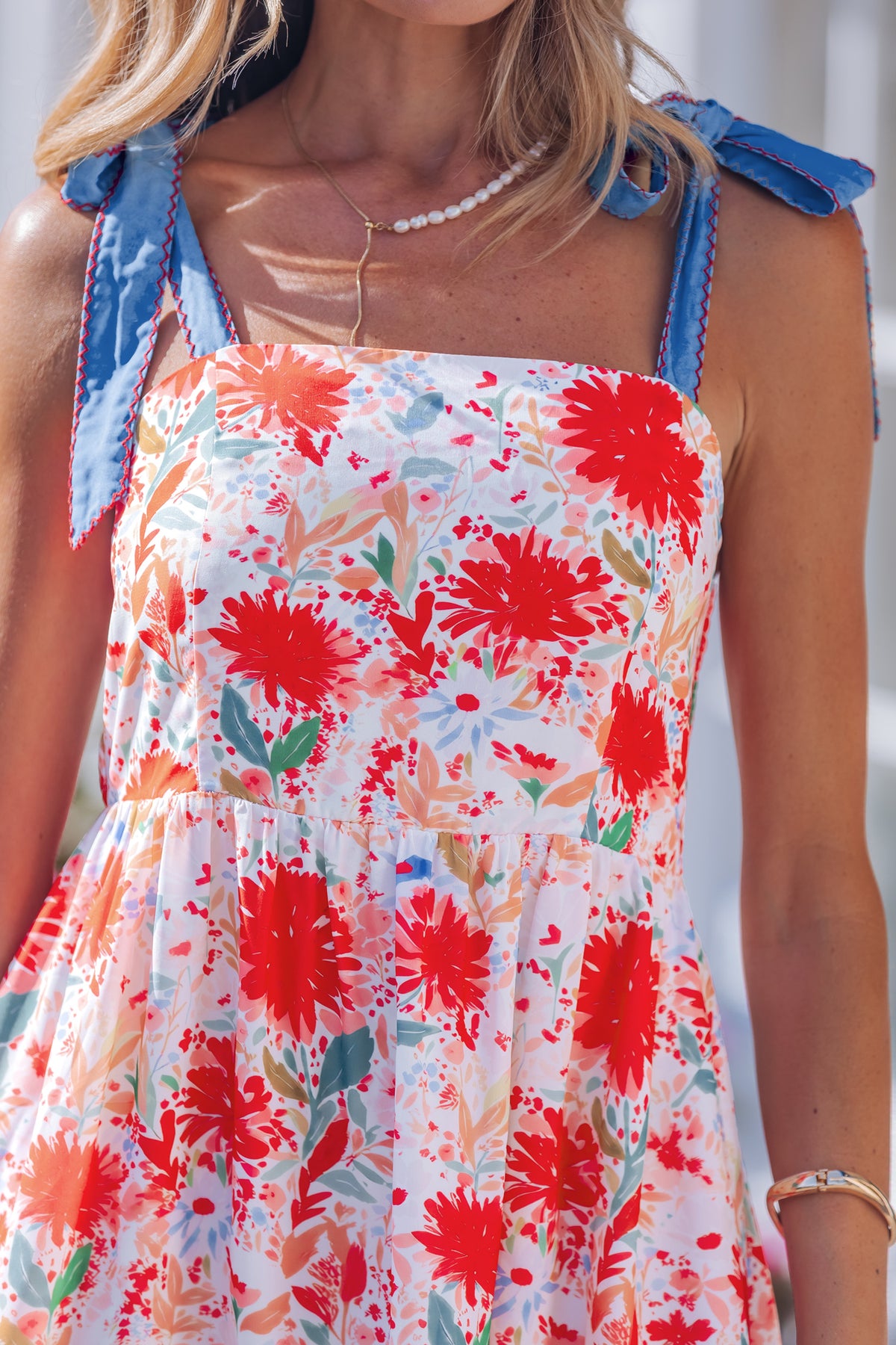 Red floral print high waist dress with contrast stitched knot denim straps, from Dear-Lover, perfect for casual floral dress styles.