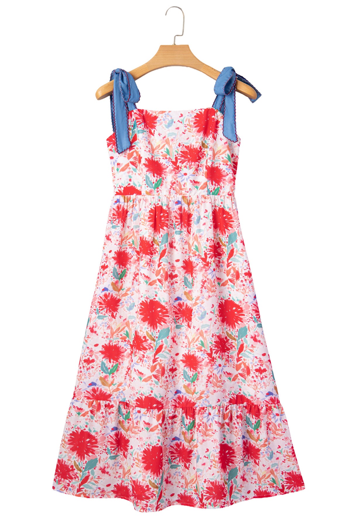 Red floral print high waist dress with contrast stitched knot denim straps from Dear-Lover Dropshipping, featuring a stylish floral design.