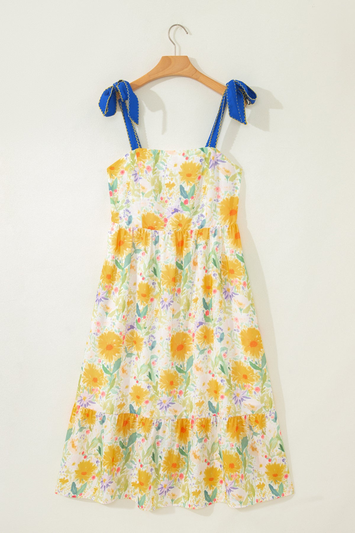 Red floral print high waist dress by Dear-Lover with contrast stitched knot denim straps, sleeveless, perfect for casual occasions.