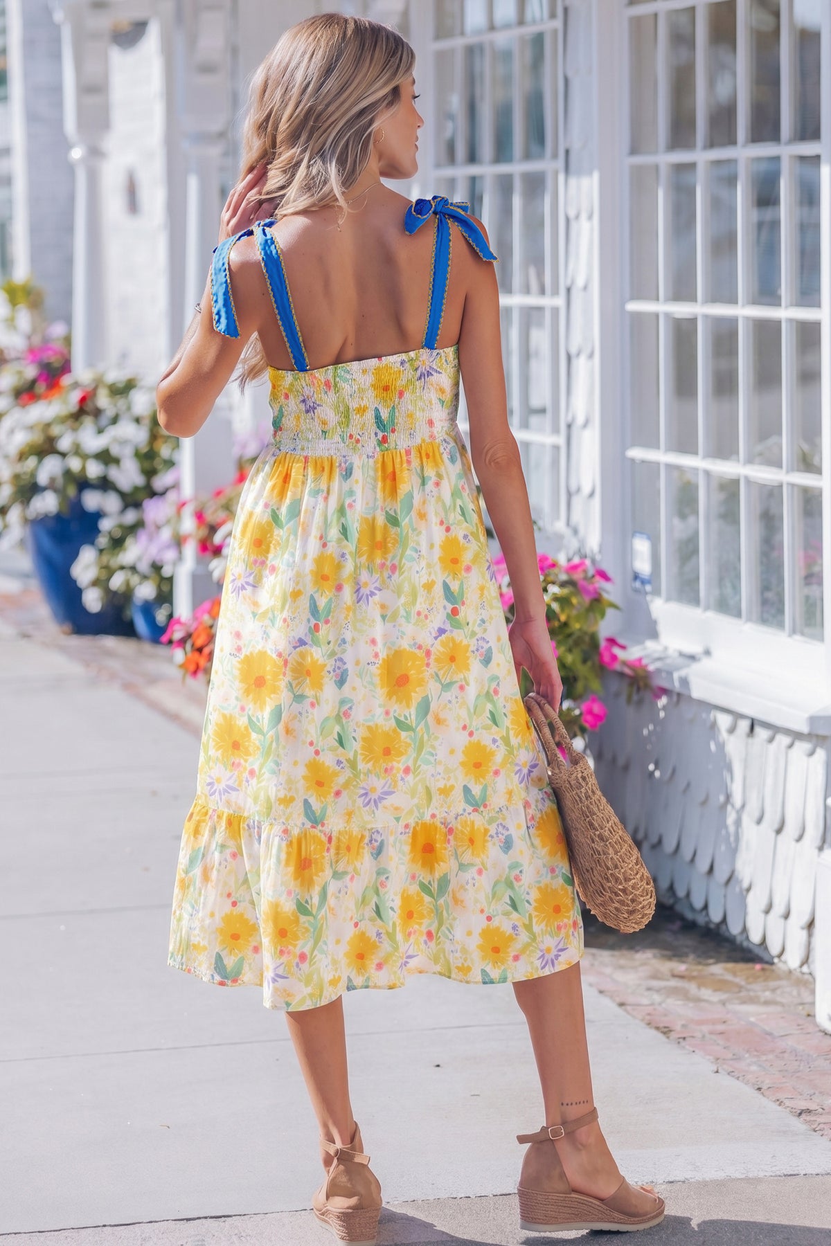 Red floral print high waist dress with contrast stitched knot denim straps, made from polyester, by Dear-Lover.