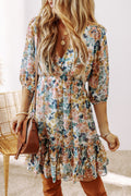Sky blue floral dress by Dear-Lover with 3/4 sleeves, V-neck, high waist, and ruffled hem, perfect for spring and summer wear.