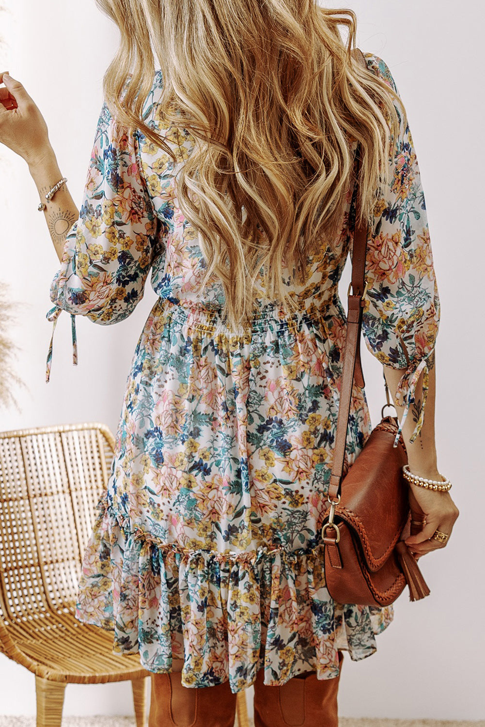 Sky blue floral dress with 3/4 sleeves, V-neck, high waist, and ruffled details from Dear-Lover, suitable for casual and special occasions.