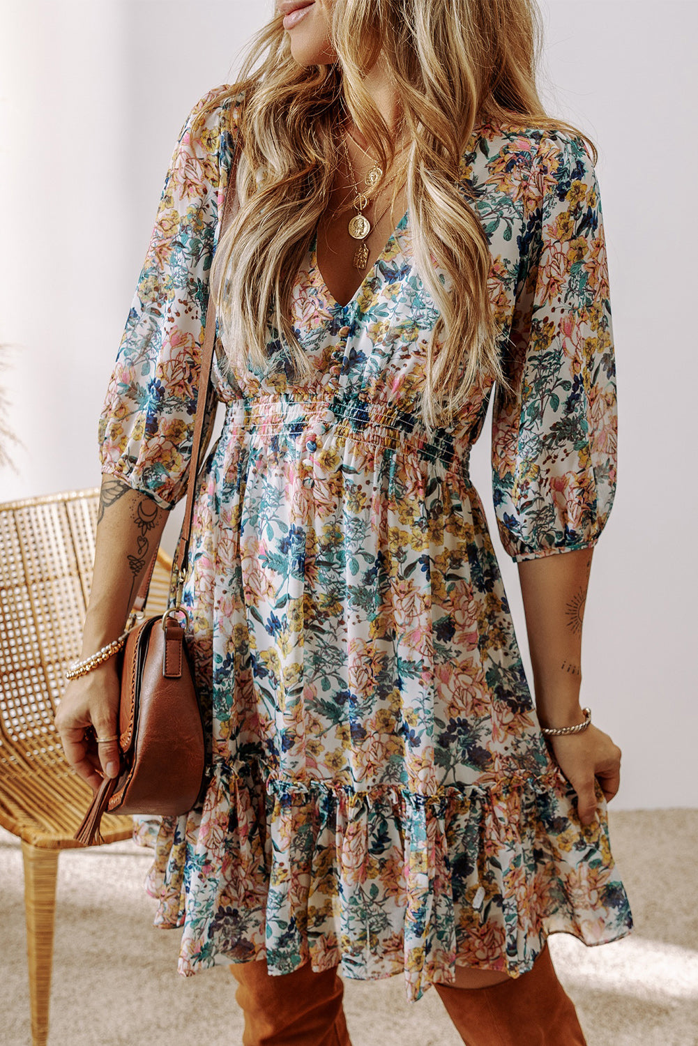 Sky blue floral 3/4 sleeve V-neck high waist ruffled dress by Dear-Lover, featuring a feminine design and lightweight polyester fabric.