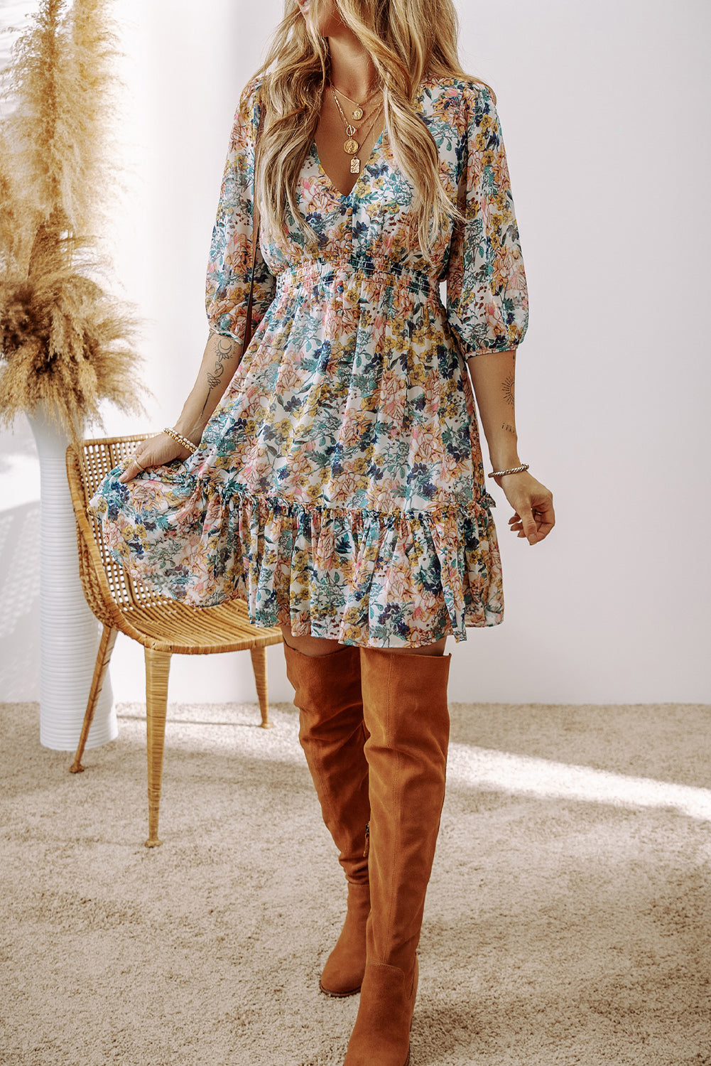 Sky blue floral dress with 3/4 sleeves, V-neck, high waist, and ruffled design by Dear-Lover Dropshipping.