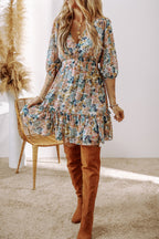 Sky blue floral dress with 3/4 sleeves, V-neck, high waist, and ruffled design by Dear-Lover Dropshipping.