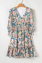 Sky blue floral dress with 3/4 sleeves, V-neck, high waist, and ruffled details, by Dear-Lover Dropshipping.