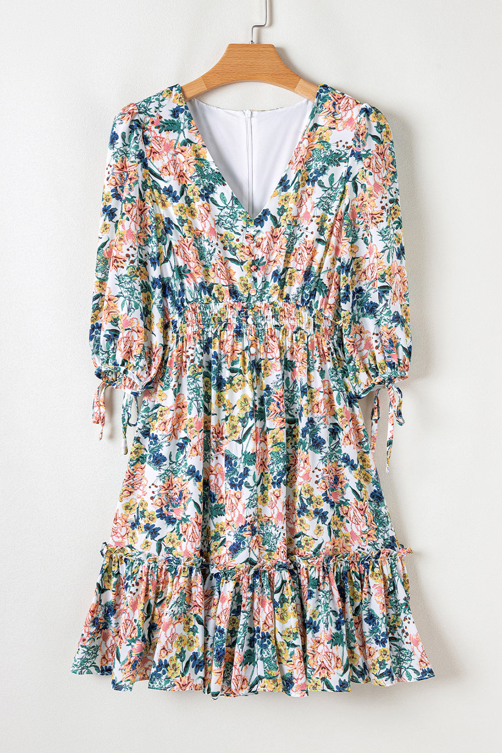 Sky blue floral dress with 3/4 sleeves, V-neck, high waist, and ruffled details, by Dear-Lover Dropshipping.