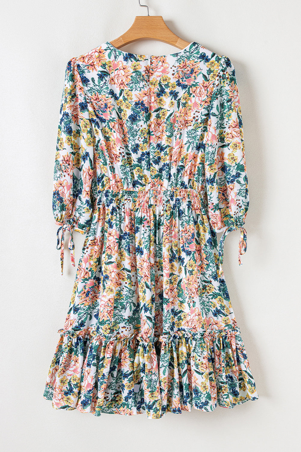 Sky blue floral 3/4 sleeve V-neck high waist ruffled dress from Dear-Lover, made of polyester, featuring a feminine floral pattern.