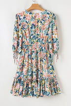 Sky blue floral 3/4 sleeve V-neck high waist ruffled dress from Dear-Lover, made of polyester, featuring a feminine floral pattern.