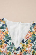 Sky blue floral ruffled dress with 3/4 sleeves, V-neck, high waist, and feminine design by Dear-Lover, perfect for spring or summer.