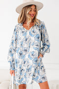 Sky blue floral print tie neck long sleeve flowy mini dress by Dear-Lover, featuring a lightweight polyester fabric and floral pattern.