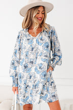 Sky blue floral print tie neck long sleeve flowy mini dress by Dear-Lover, featuring a lightweight polyester fabric and floral pattern.