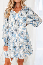 Sky blue floral print tie neck long sleeve flowy mini dress by Dear-Lover, featuring a lightweight polyester fabric and elegant silhouette.