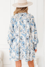 Sky blue floral print tie neck long sleeve flowy mini dress by Dear-Lover, featuring a lightweight polyester fabric and elegant design.