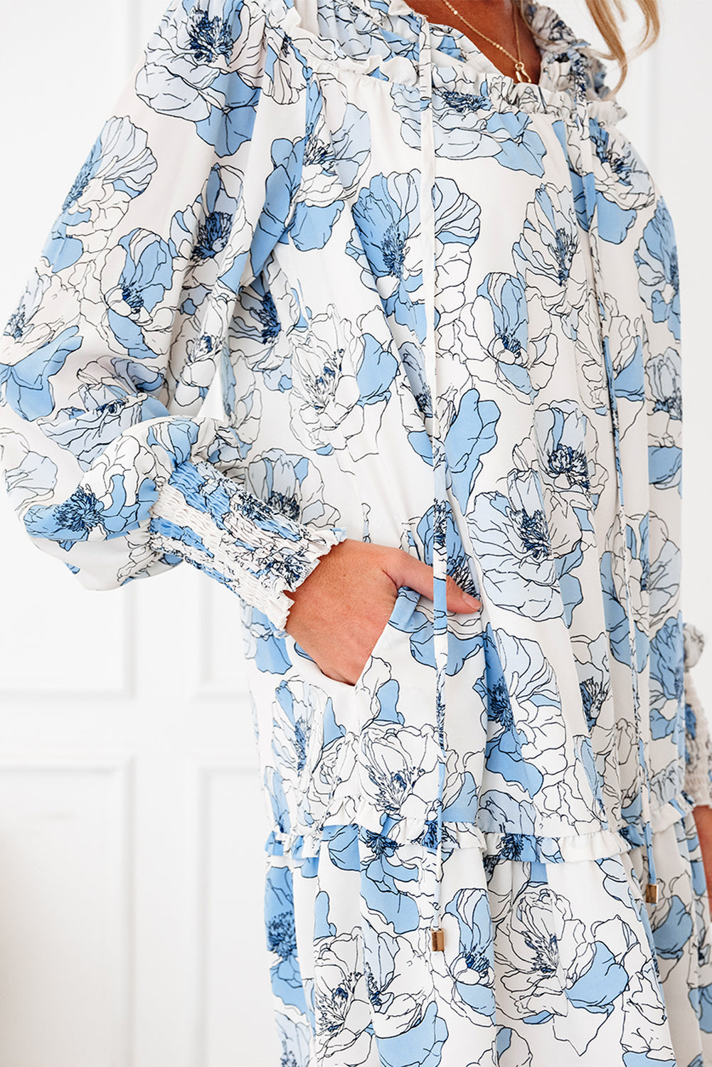 Sky blue floral print tie neck long sleeve flowy mini dress from Dear-Lover, featuring a lightweight polyester fabric and charming design.