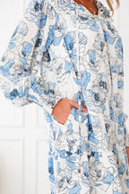Sky blue floral print tie neck long sleeve flowy mini dress from Dear-Lover, featuring a lightweight polyester fabric and charming design.