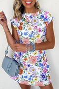 Sky blue floral print cap sleeve mini dress by Dear-Lover, showcasing vibrant floral pattern and lightweight polyester fabric.