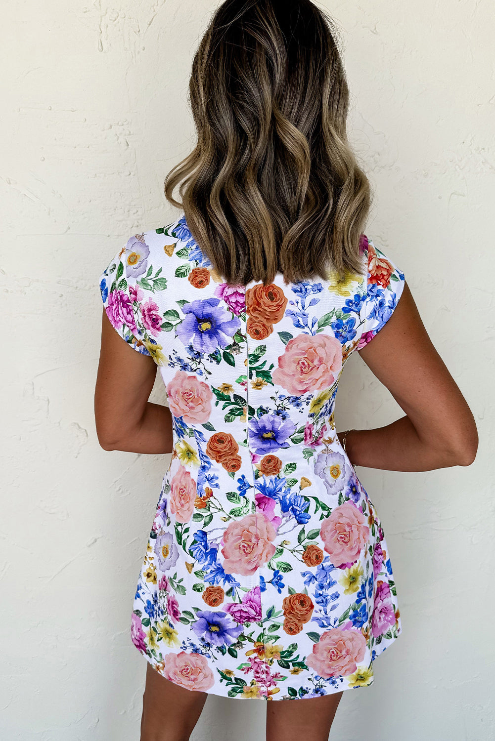 Sky blue floral print cap sleeve mini dress from Dear-Lover, featuring vibrant floral pattern and polyester-elastane fabric.