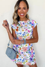 Sky blue floral print mini dress with cap sleeves from Dear-Lover, featuring vibrant floral pattern and a fitted silhouette.