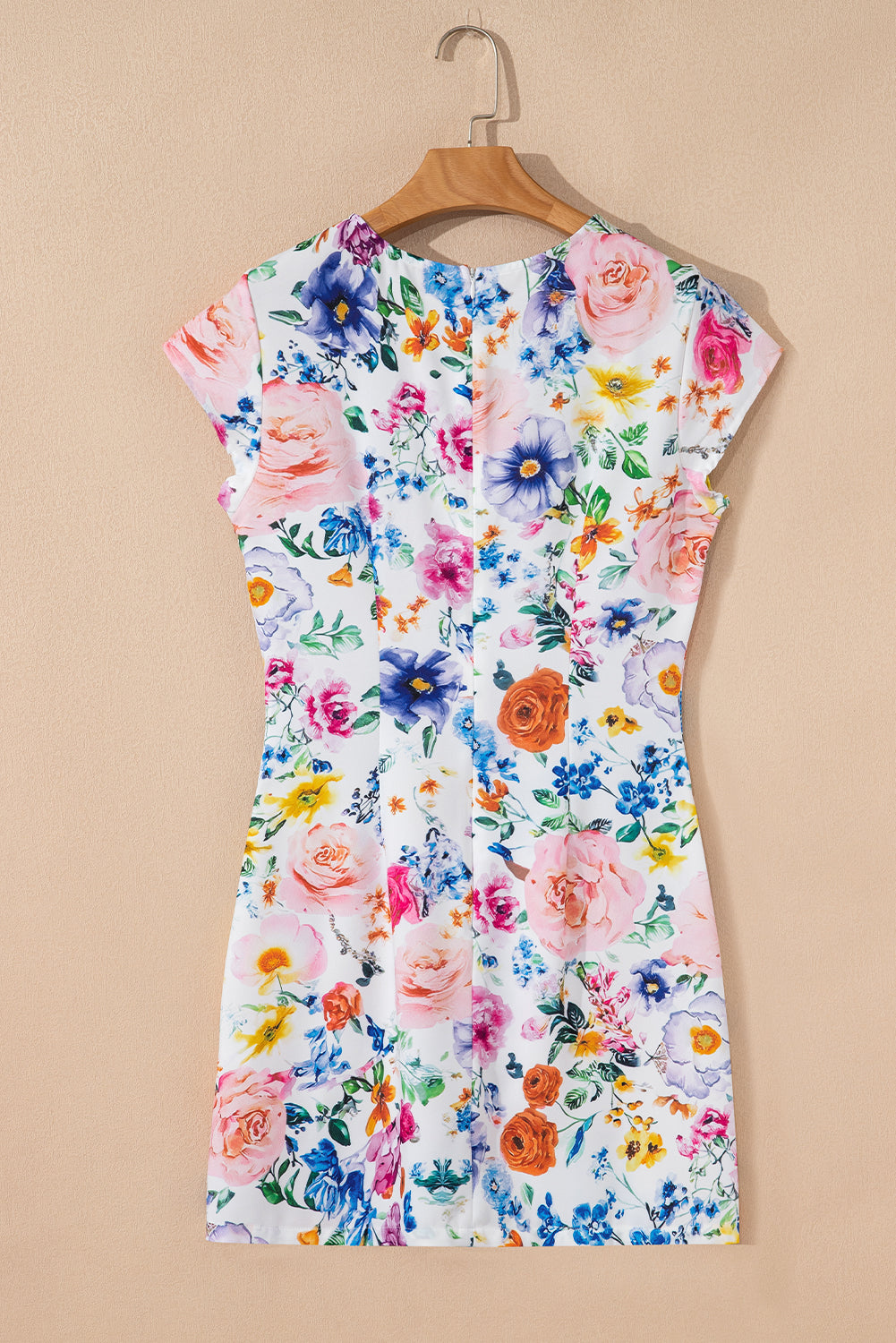 Sky blue floral print cap sleeve mini dress by Dear-Lover Dropshipping, made of polyester and elastane, with vibrant floral pattern.