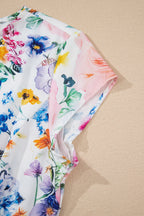 Sky blue floral print mini dress with cap sleeves from Dear-Lover, featuring vibrant floral pattern and lightweight polyester-elastane fabric.