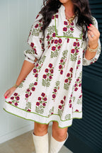 White floral dress with frilled V-neck, 3/4 sleeves, loose fit, made of cotton, from Dear-Lover floral dresses collection.
