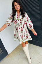 White floral dress by Dear-Lover with frilled V-neck, 3/4 sleeves, loose fit, made of cotton, perfect for casual wear