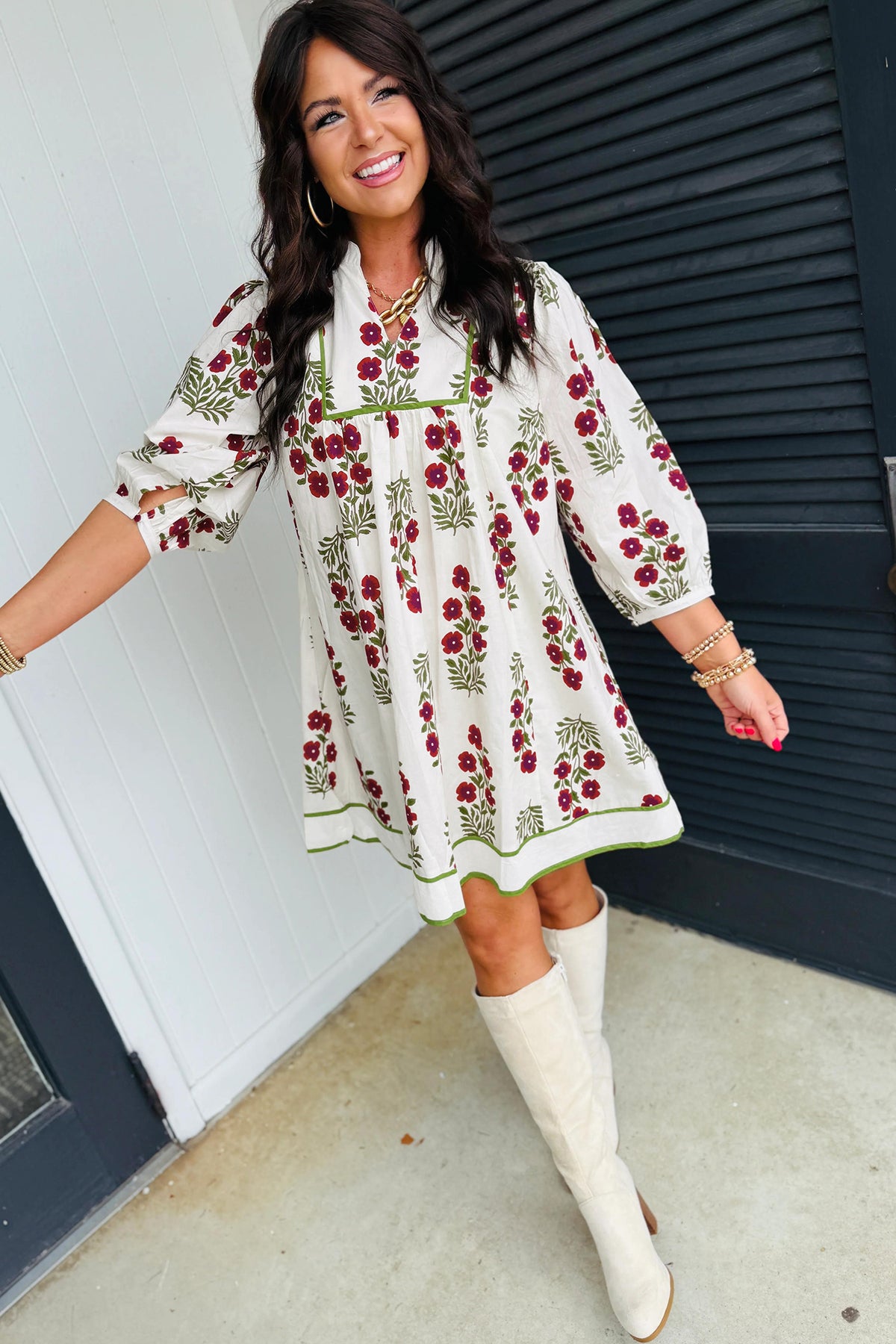 White floral dress by Dear-Lover with frilled V-neck, 3/4 sleeves, loose fit, made of cotton, perfect for casual wear