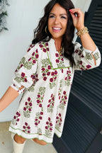 White floral dress by Dear-Lover with V-neck, frilled detail, 3/4 sleeves, loose fit, made of lightweight cotton.