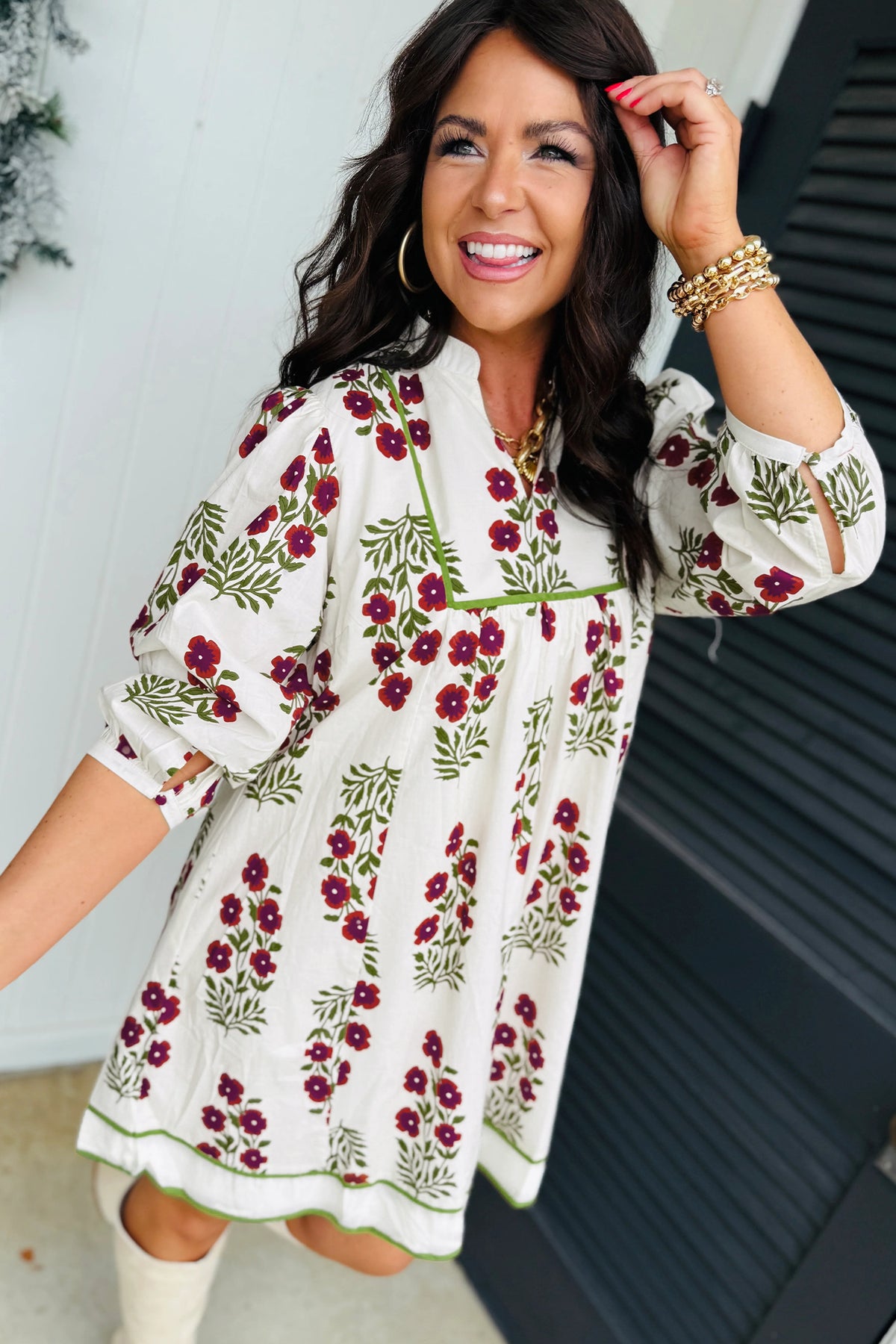 White floral dress by Dear-Lover with V-neck, frilled detail, 3/4 sleeves, loose fit, made of lightweight cotton.
