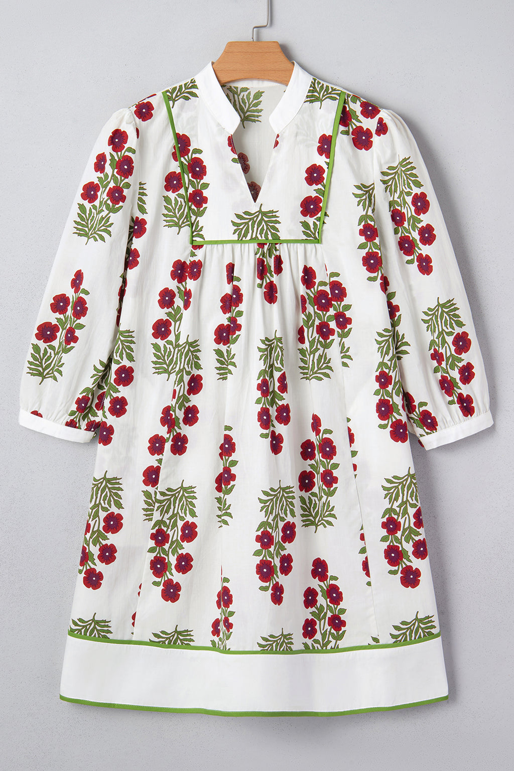 White floral dress with V-neck, frilled 3/4 sleeves, loose fit, made of 100% cotton by Dear-Lover.