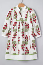 White floral dress with V-neck, frilled 3/4 sleeves, loose fit, made of 100% cotton by Dear-Lover.