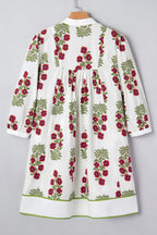 White floral dress with frilled V-neck, 3/4 sleeves, loose fit, made of 100% cotton, by Dear-Lover Dropshipping.