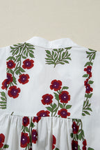 White floral dress by Dear-Lover with V-neck, frilled 3/4 sleeves, loose fit, made of cotton, perfect for casual wear.