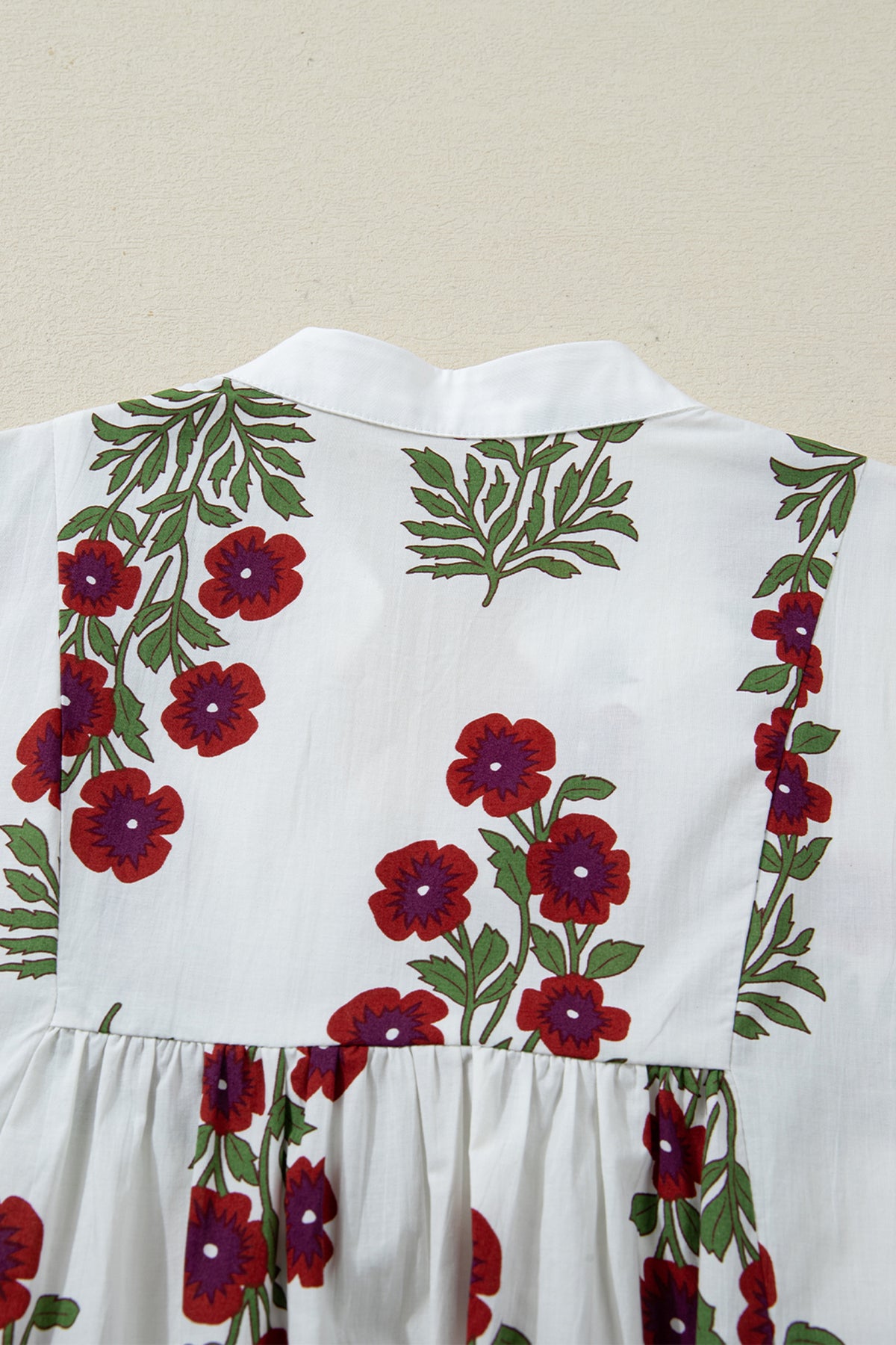 White floral dress by Dear-Lover with V-neck, frilled 3/4 sleeves, loose fit, made of cotton, perfect for casual wear.