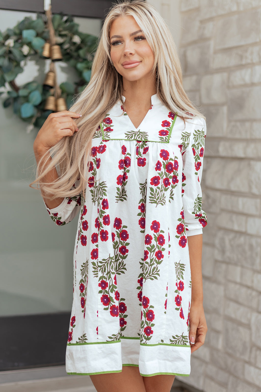 White floral dress with V-neck, frilled edges, and 3/4 sleeves, featuring a loose fit made of 100% cotton from Dear-Lover.