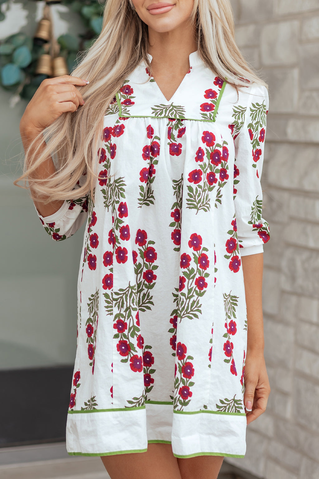 White floral dress with V-neck, frilled trim, 3/4 sleeves, loose fit, made of cotton, from Dear-Lover's floral dress collection.