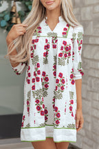 White floral dress with V-neck, frilled trim, 3/4 sleeves, loose fit, made of cotton, from Dear-Lover's floral dress collection.