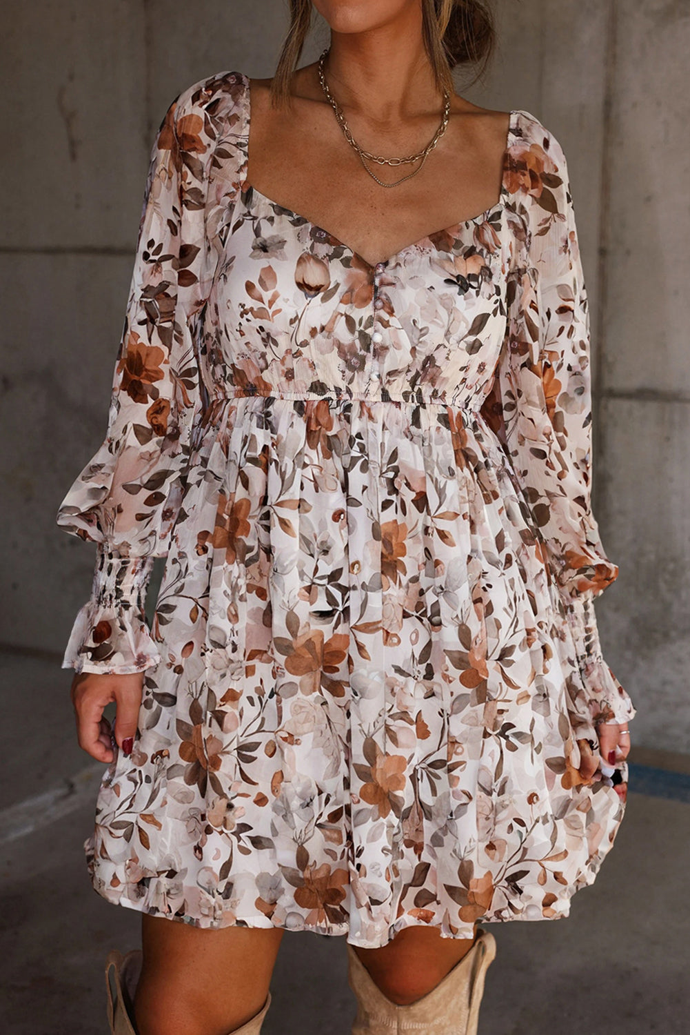 White floral print sweetheart neck long sleeve high waist mini dress by Dear-Lover, made of polyester with a feminine design.