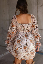 White floral print sweetheart neck long sleeve high waist mini dress by Dear-Lover, featuring a fitted silhouette and elegant design.
