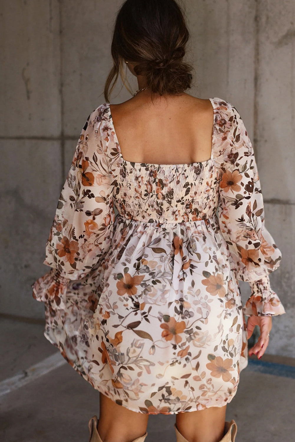 White floral print sweetheart neck long sleeve high waist mini dress by Dear-Lover, featuring a fitted silhouette and elegant design.